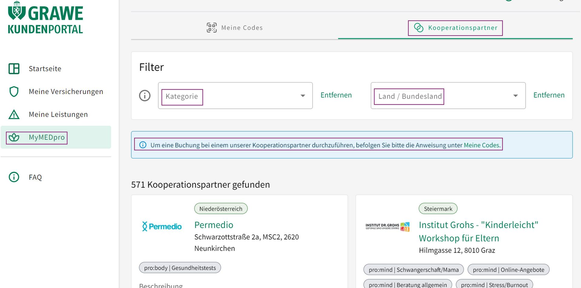 MyMEDpro Buchung Screenshot GRAWE Kundenportal